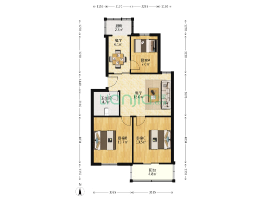 针灸医院宿舍 3室2厅1卫 83平方