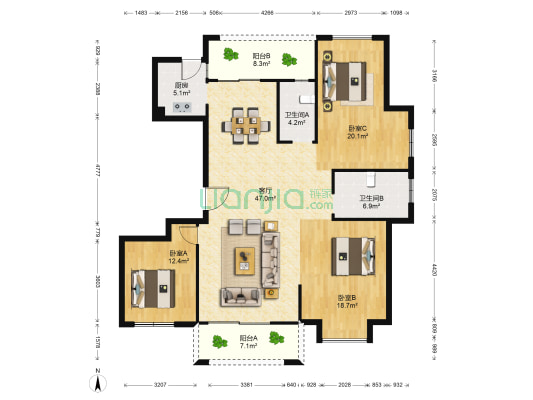 南都豪园一期 3室1厅2卫 163平方
