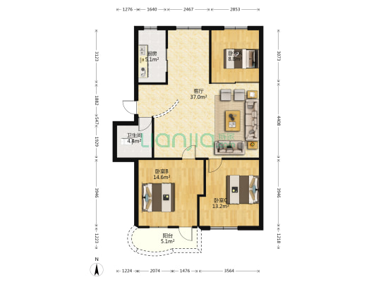 中亭街嘉辉苑 3室1厅1卫 106平方