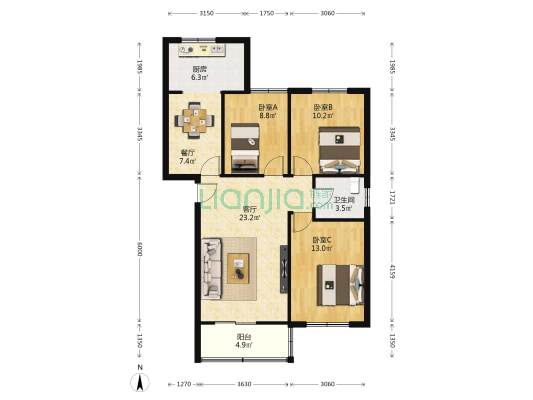 航空工业自控所 3室2厅1卫 96平方