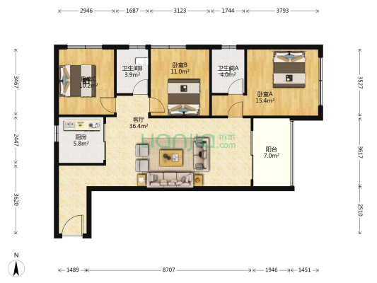 俊发城金盏苑 3室1厅2卫 121平方