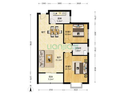 昆明时光三区 2室1厅1卫 93平方