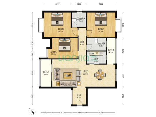 海南省干部疗养院 3室1厅2卫 132平方