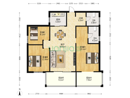 瑞特广场 3室1厅2卫 131平方