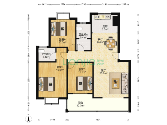 泰山学院南校区教工公寓 3室2厅2卫 126平方