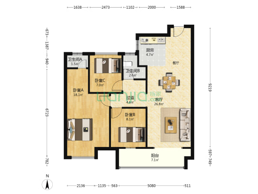 城东一号松江府 3室1厅2卫 110平方