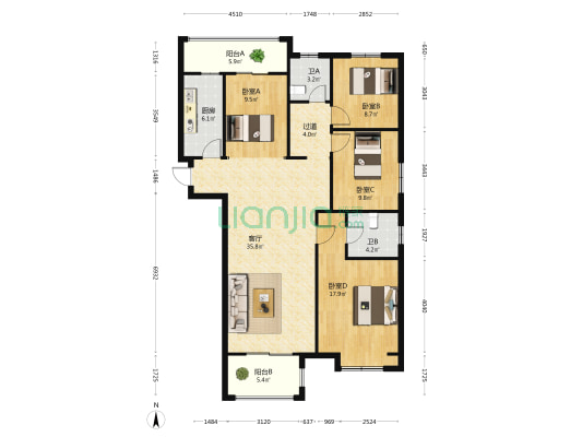 美好花城 4室1厅2卫 143平方