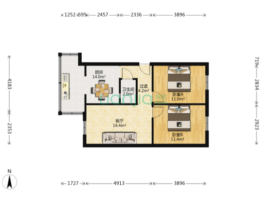 农机公司 2室1厅1卫 54平方
