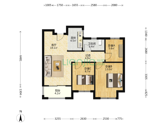 东站前府一期南苑 3室1厅1卫 87平方