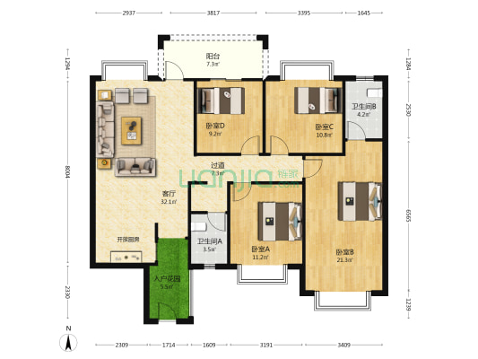 东方皇城花园 4室1厅2卫 143平方