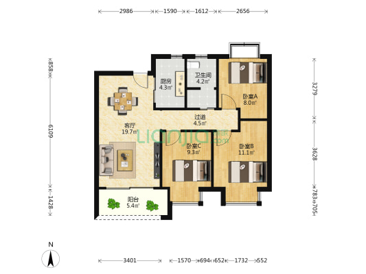 红星中奥九龙都会 3室1厅1卫 88平方
