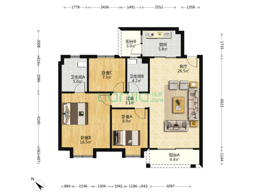 恒翠豪庭 3室1厅2卫 98平方