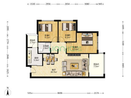 万科富中翡翠传奇森林公园 3室1厅1卫 94平方