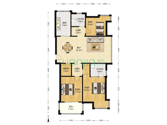 晶典公寓 3室1厅2卫 132平方