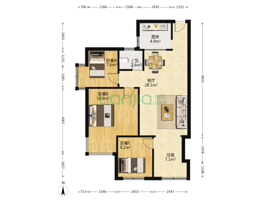 绿洲花园 3室1厅1卫 90平方