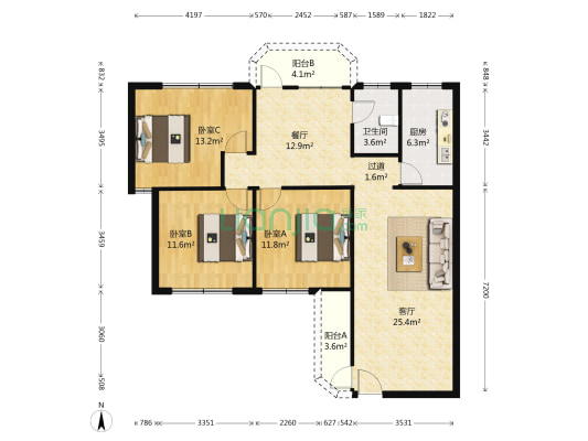 银信大厦 3室2厅1卫 111平方