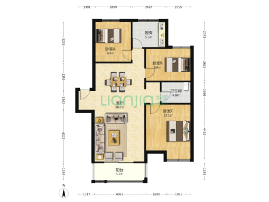 定山家园 3室1厅1卫 102平方