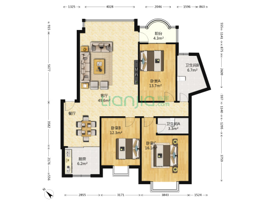 中天花园玉兰园 3室1厅2卫 118平方