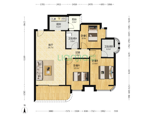 泰和缘公寓 3室1厅2卫 109平方