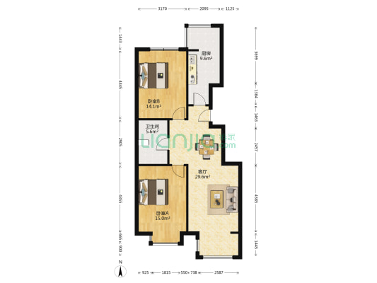水木清华小区 2室1厅1卫 95平方