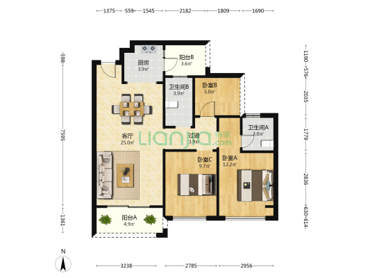 东方铂悦府 3室1厅2卫 89平方