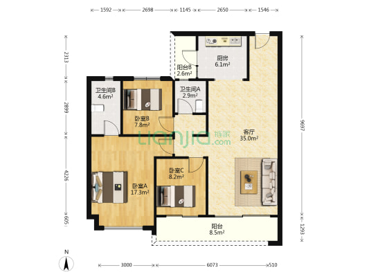 碧桂园保利时代天汇 3室1厅2卫 114平方