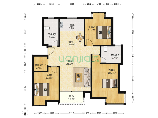 三家浜公寓采芹苑 3室2厅2卫 120平方