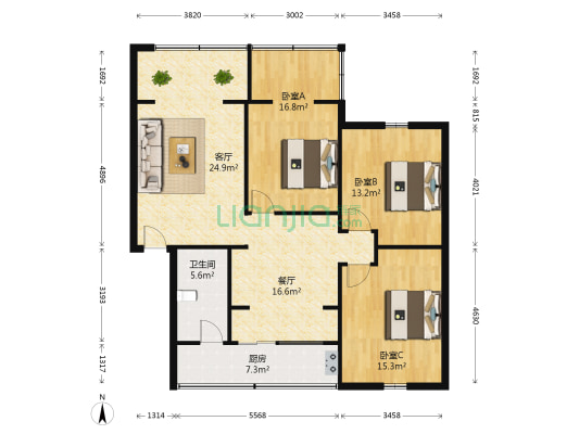 四通北街1号 3室2厅1卫 114平方
