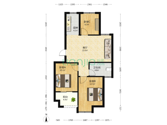 鸿文花苑 3室1厅1卫 80平方