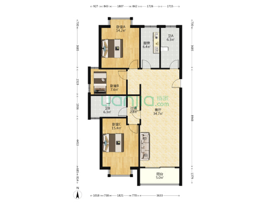 蓝天嘉苑 3室1厅2卫 120平方