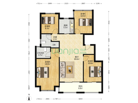 中南悦府南区 4室1厅2卫 120平方