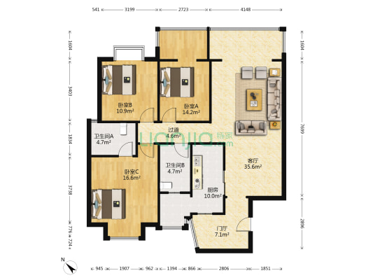 财信上河新界 3室1厅2卫 119平方