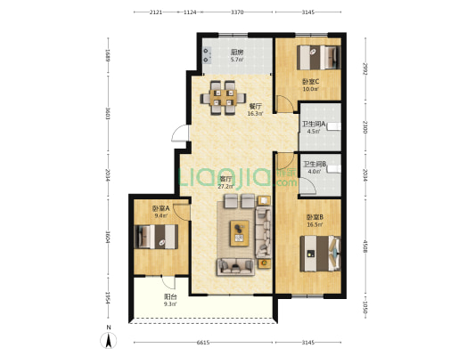 金岸一家 3室2厅2卫 124平方