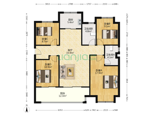 万科城东郡 4室1厅2卫 109平方