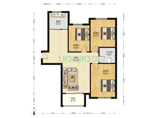 幸福花苑 3室1厅1卫 120平方