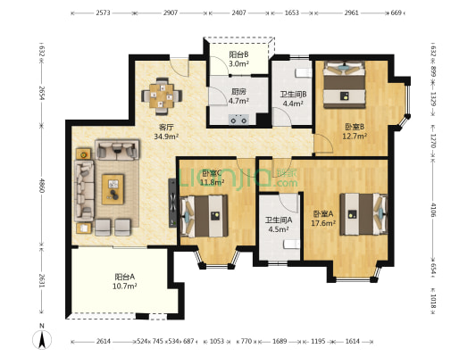 湖景湾 3室1厅2卫 132平方