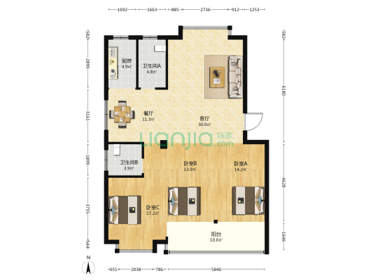 隆基花城 3室2厅2卫 123平方