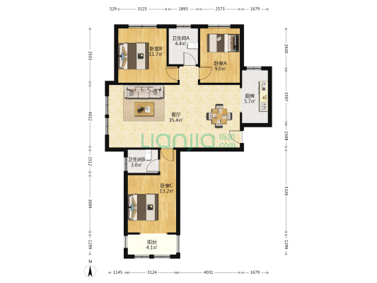 水之郡东苑 3室1厅2卫 128平方