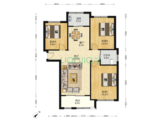 龙湖郦城(二期) 3室2厅1卫 104平方