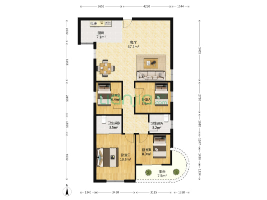 泰安大厦 4室1厅2卫 127平方