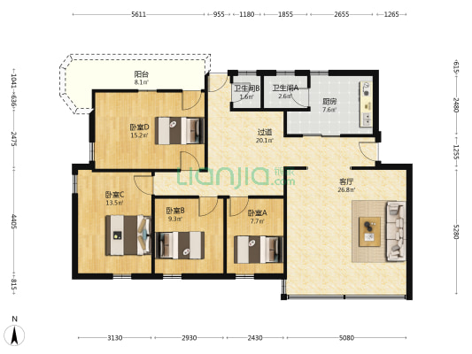 日化厂小区 4室1厅2卫 128平方