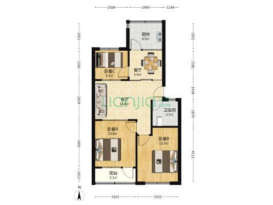 粮食局宿舍 3室2厅1卫 74平方