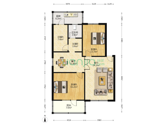 和平路建行宿舍 2室2厅1卫 107平方