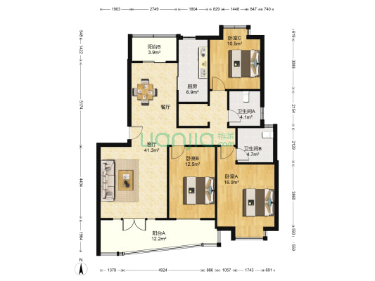 银城东苑揽翠苑 3室1厅2卫 132平方