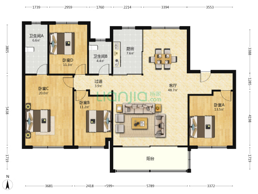 中海阅川华庭 4室1厅2卫 166平方