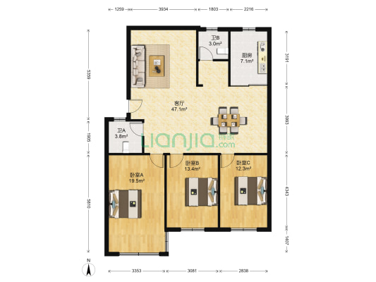 鸿景湾小区 3室1厅2卫 124平方