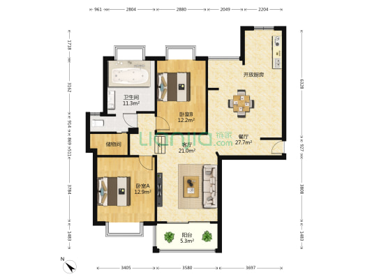 上海知音苑 2室2厅1卫 124平方