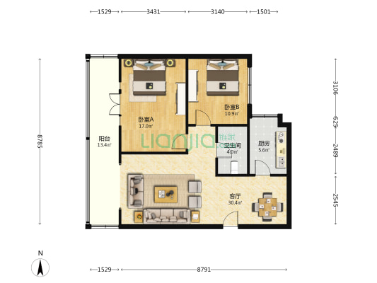 西岭路3号 2室1厅1卫 89平方