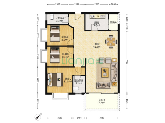 环雅居 3室1厅2卫 110平方