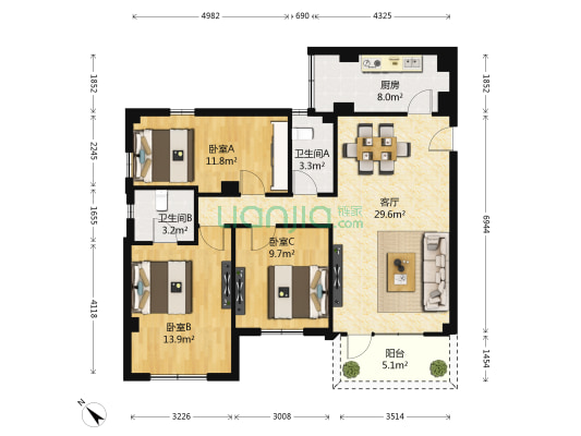 广信白兰花园 3室1厅2卫 101平方